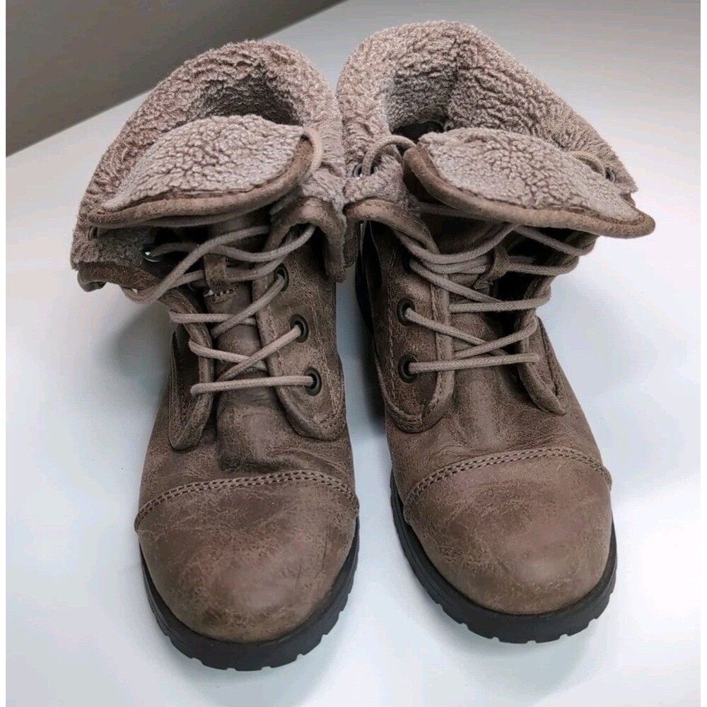 Self Esteem Women's Combat Boots Waterfall Fold Over Faux Fur Brown Sz 7 M